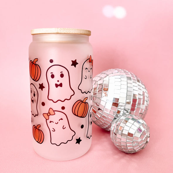 Ghosts and Pumpkins Frosted Glass Cup--Painted Lavender