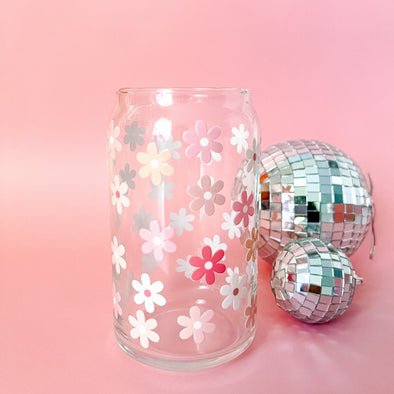 Pastel Pink Flowers Glass Cup--Painted Lavender