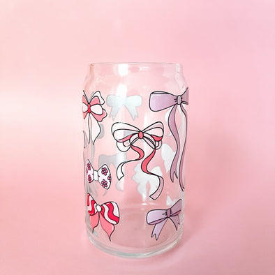 Pink Girly Bows Glass Cup--Painted Lavender