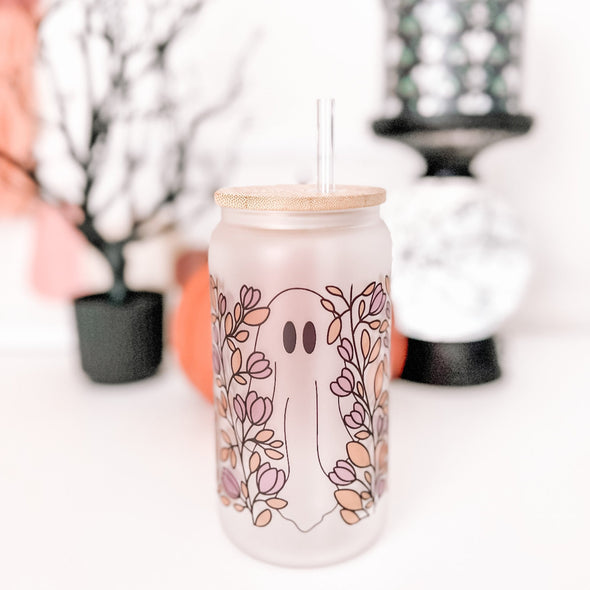 Spooky Ghost Garden Frosted Glass Can Cup--Painted Lavender