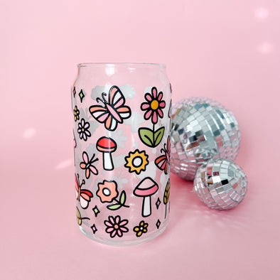 Butterflies and Garden Blooms Glass Cup--Painted Lavender