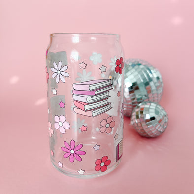 Pink Books and Flowers Glass Cup--Painted Lavender