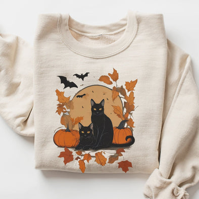 Autumn Leaves Cat Crewneck Sweatshirt--Painted Lavender