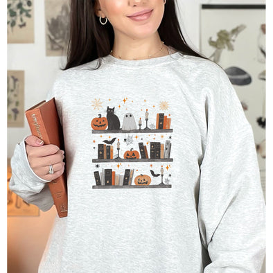 Cozy Spooky Bookshelf Crewneck Sweatshirt--Painted Lavender