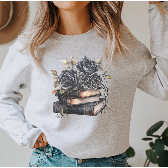 Spooky Book Stack Crewneck Sweatshirt--Painted Lavender