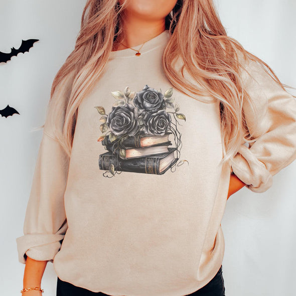 Spooky Book Stack Crewneck Sweatshirt--Painted Lavender